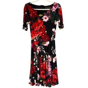 Marc Bouwer Dress Womens 6 Black Red Floral Poppy Photostat Below‎ Knee/Midi